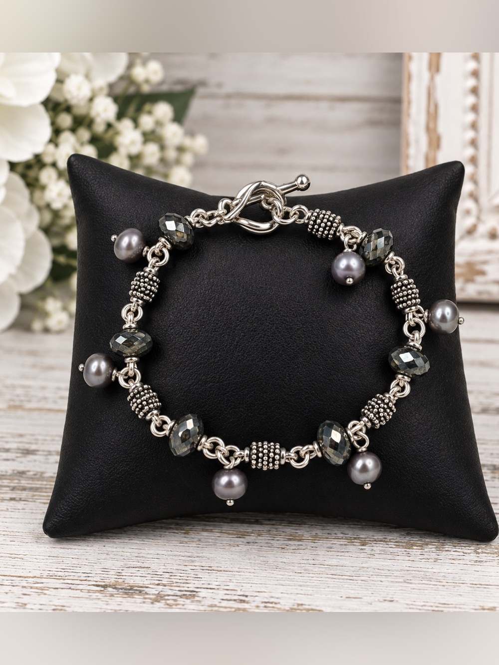 Michael Dawkins Sterling Silver Grey Pearl Pyrite Toggle Bracelet